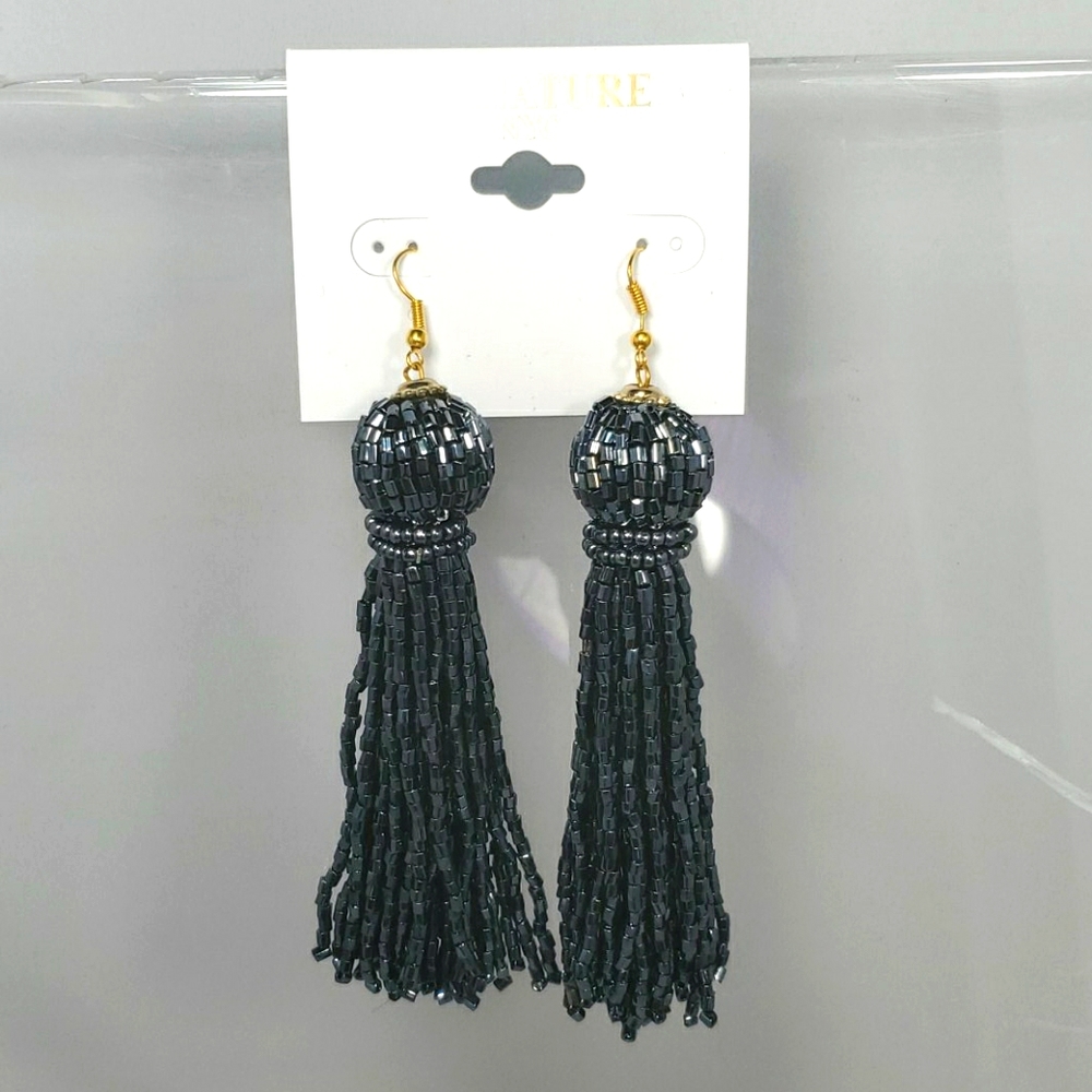 Signature fish hook dangle hematite earrings